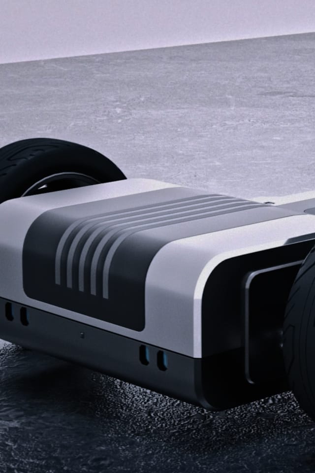 Kia PV5 Elektroplattform mit Fahrgestell und Rädern.